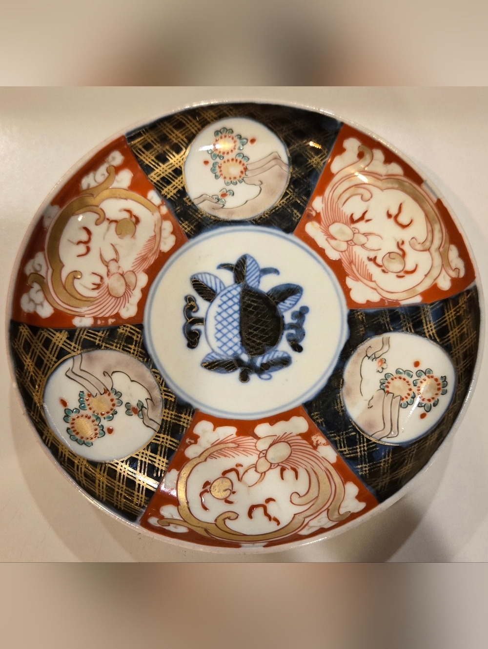 Antique Japanese Arita Imari Wedding Plate With Peach Roundel And Blue Fuku